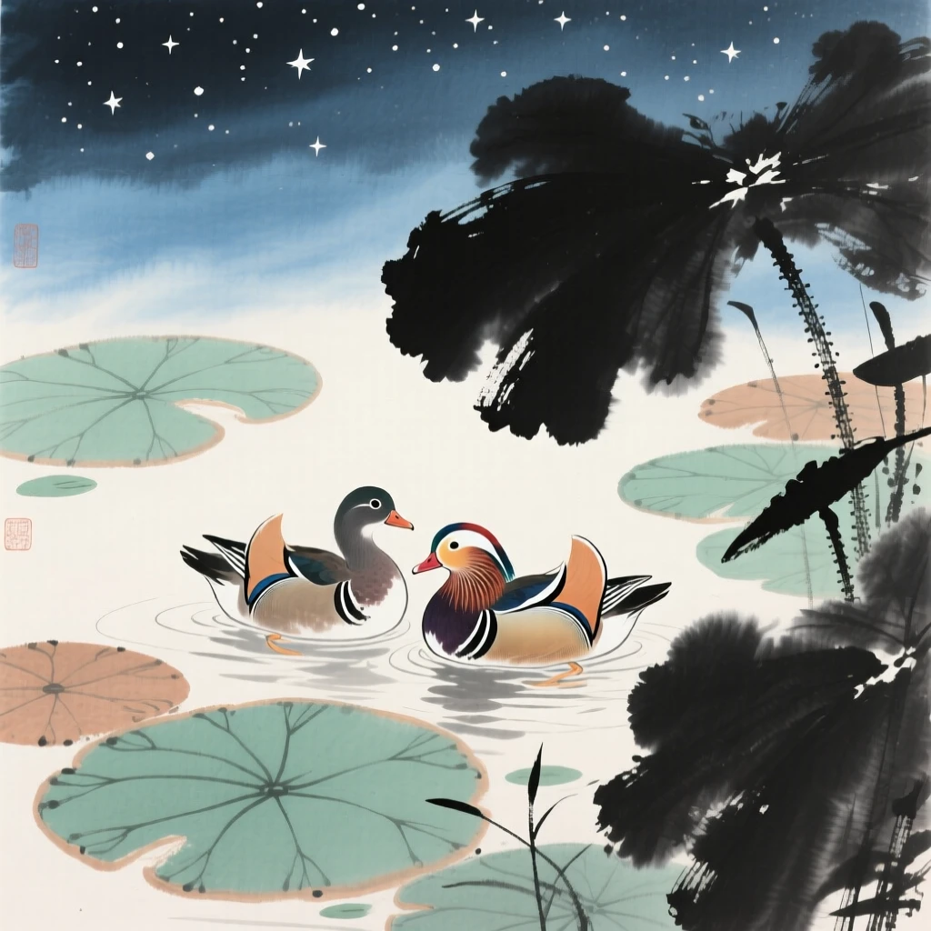 A pair of mandarin ducks swimming among lotus leaves, under a sky full of stars.