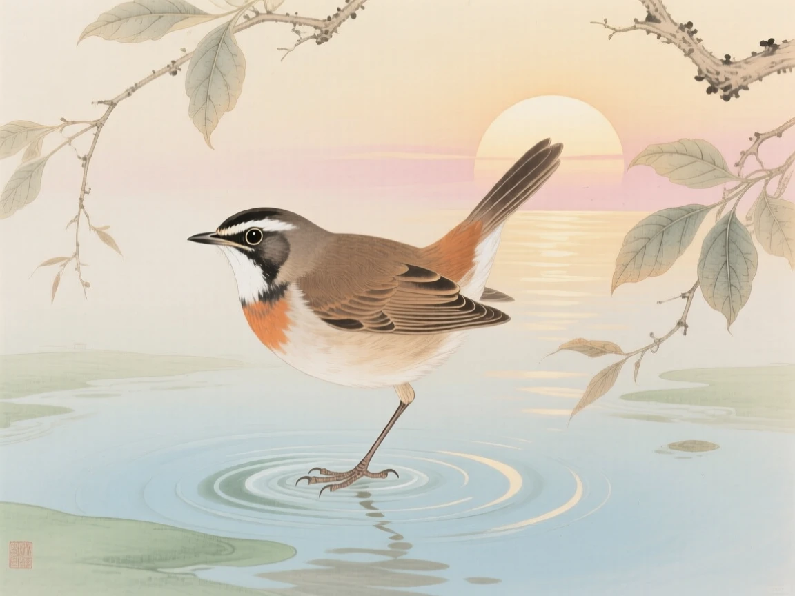 A nightingale standing on one leg in shallow water at sunrise, soft morning light filtering through the branches