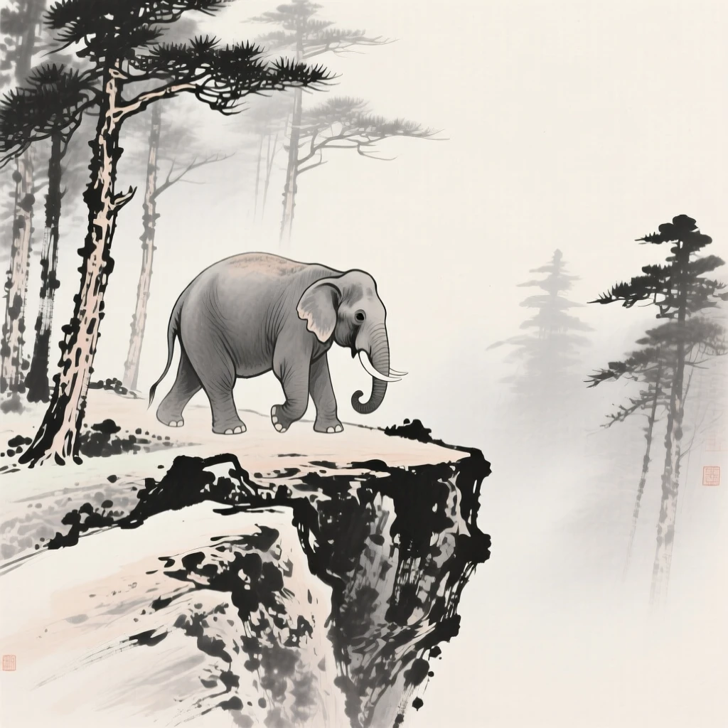 An elephant moving cautiously along a rocky ridge in a misty pine forest, viewed through a gentle veil of morning mist, capturing a fleeting, tender moment of wild life.
