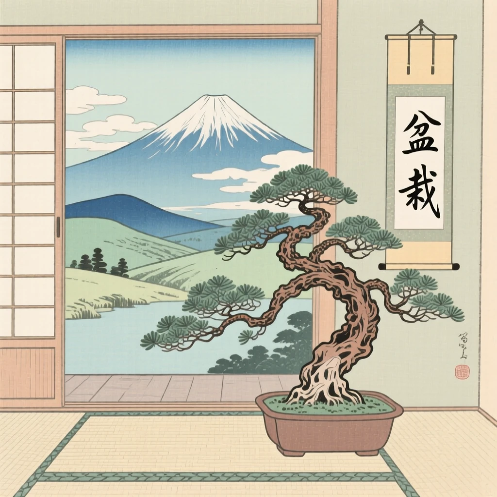 A carefully pruned bonsai tree placed beside an open window.