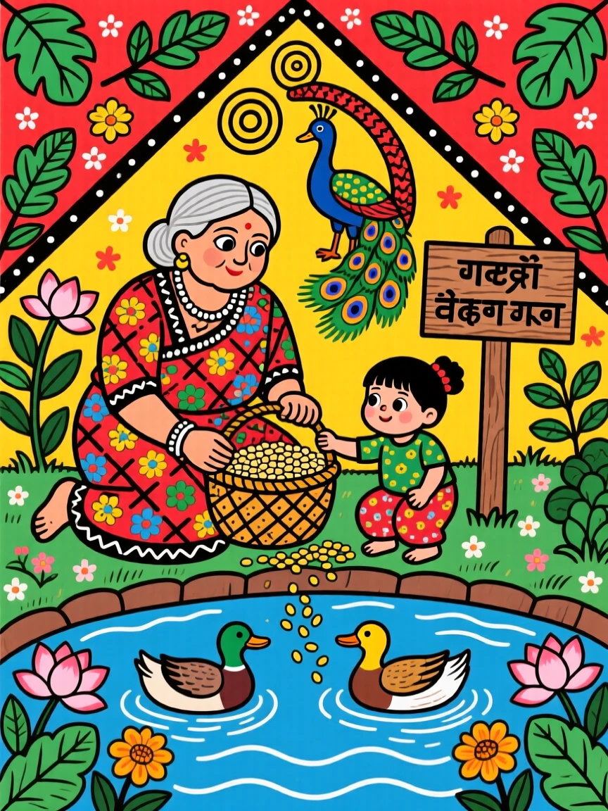 A grandmother and grandchild feeding ducks at a park pond.