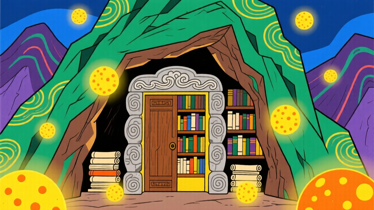 A hidden library carved into a mountain, lit by floating orbs of soft light.