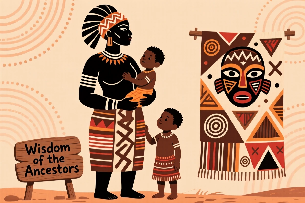 A proud mother and her children reflecting on the wisdom of past generations.
