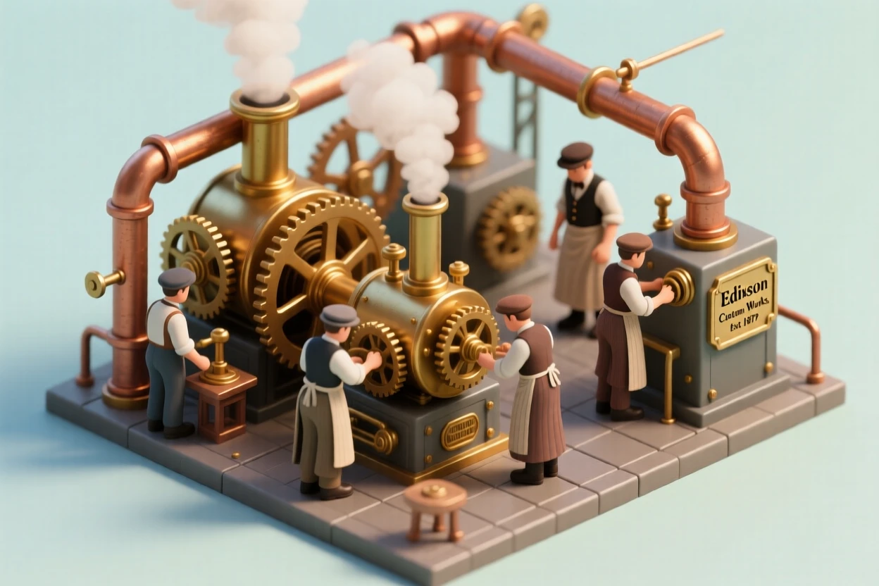 A Victorian-era steam factory floor with workers tending massive brass machinery, steam hissing from copper pipes.