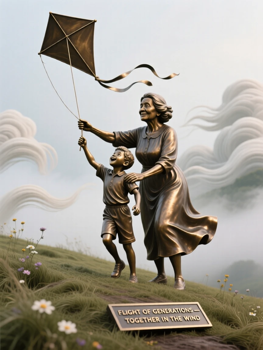 A grandmother and grandson flying a kite on a windy hilltop, framed by an atmospheric, misty backdrop, forming a strong central focal point