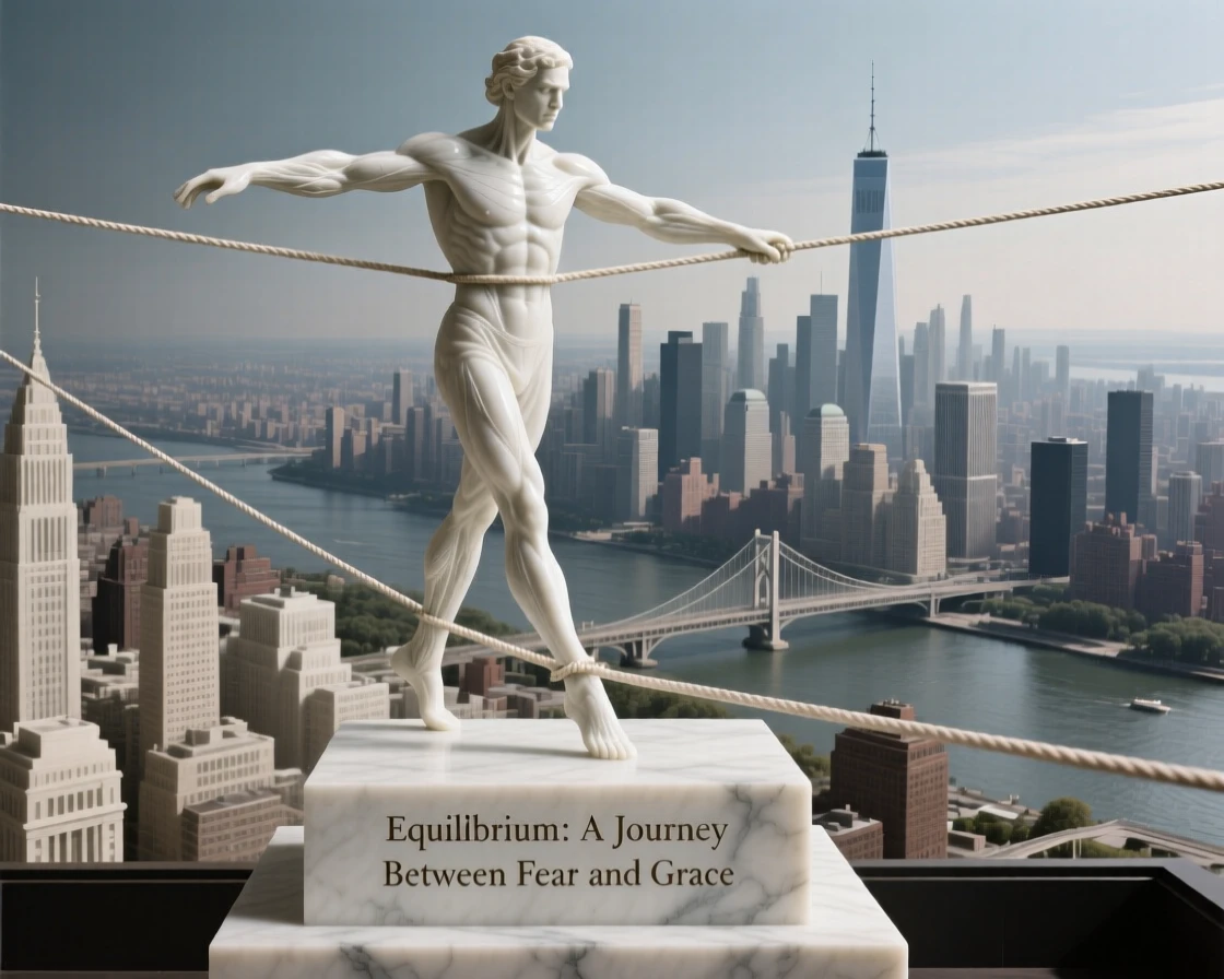An evocative depiction of a tightrope walker balanced high above a city, captured with cinematic depth and detail, balancing detail with emotional depth