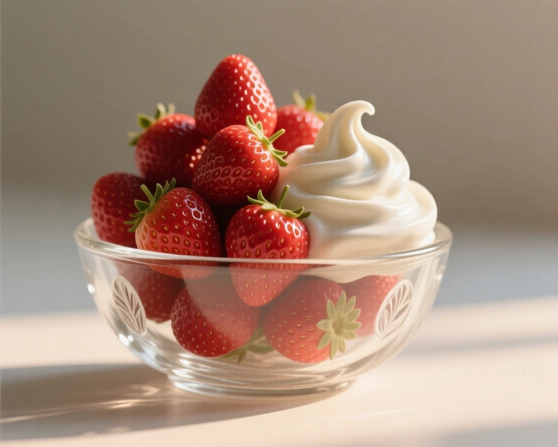 A bowl of ripe strawberries piled high beside fresh cream as morning light streams across the table, while the scent of fresh baking fills the room