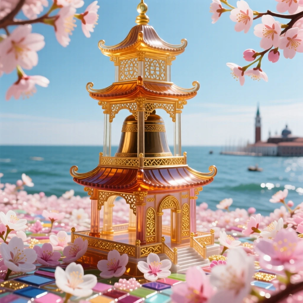 A grand temple bell tower rising above an endless sea of blossoming cherry blossoms, serene and iconic.