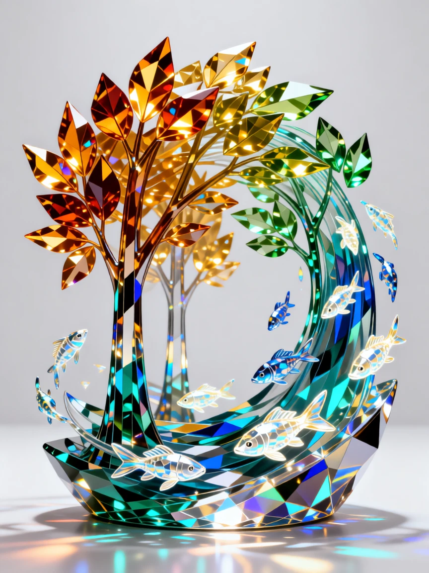 A dreamlike forest where fallen leaves transform into schools of glowing fish.