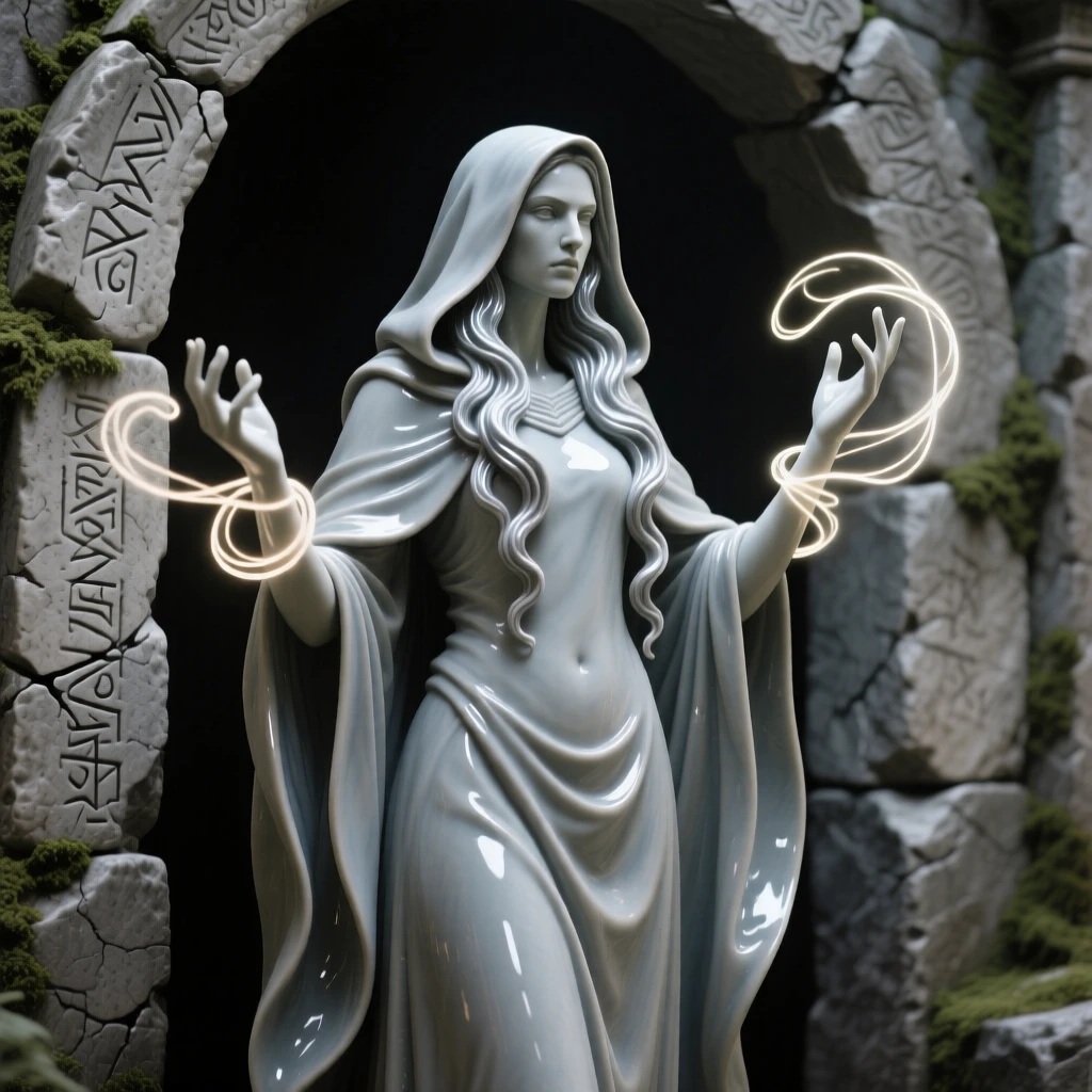 A cloaked sorceress conjuring swirling light standing guard beside an ancient stone archway, with a mane that flows like liquid silver, filling the scene with mysterious, otherworldly beauty.