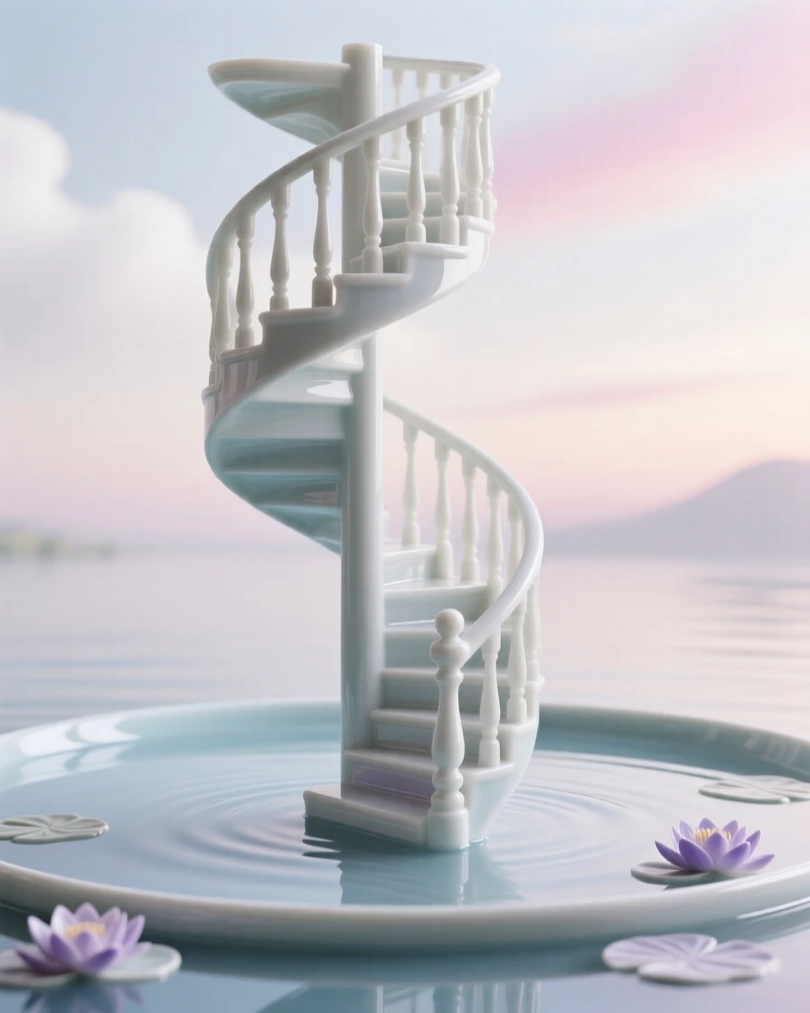 A surreal composition where a spiral staircase rises out of a still pond into the sky, lit with the soft glow of an eternal twilight.