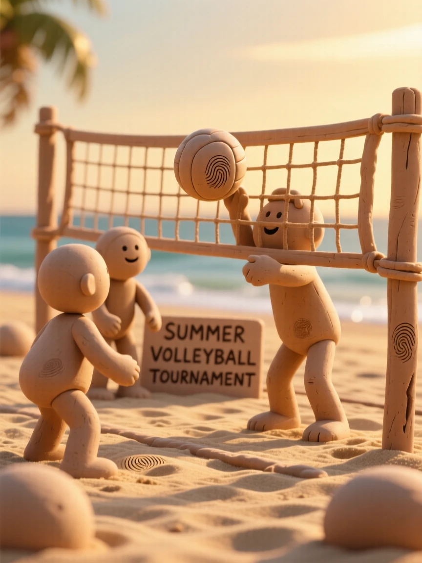 A summer beach volleyball game at golden hour