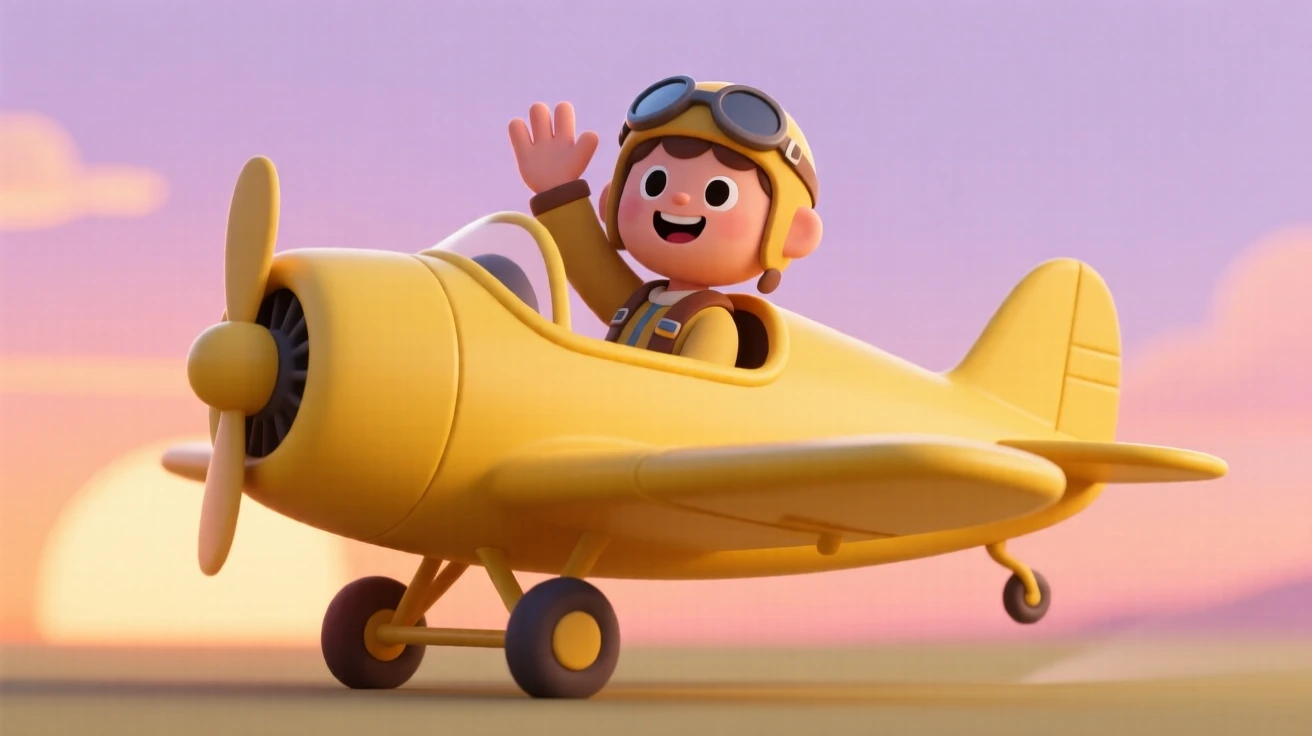 A proud young pilot waves from the cockpit of a small yellow crop-dusting plane at sunrise.