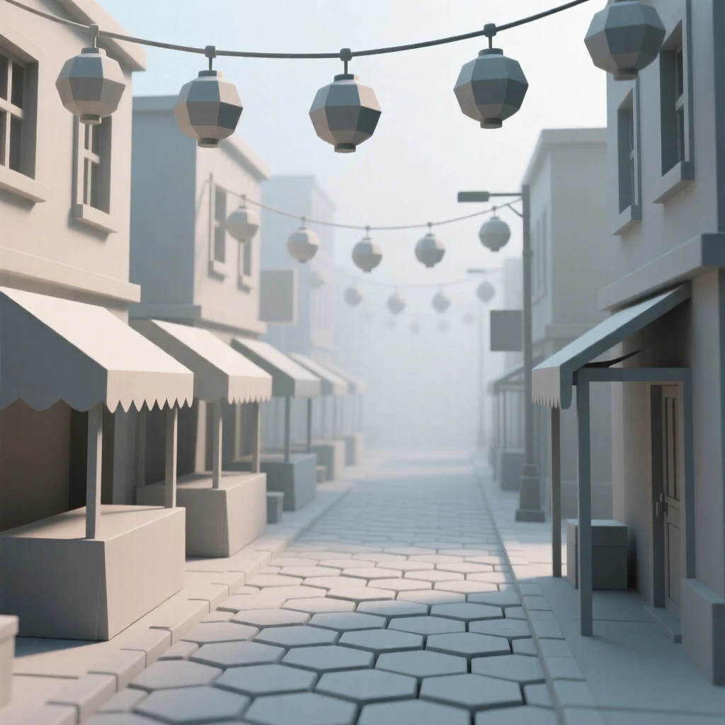 A bustling street market strung with colorful lanterns, wrapped in early morning fog. fine architectural details are rendered with clarity. A quiet grandeur fills the setting.