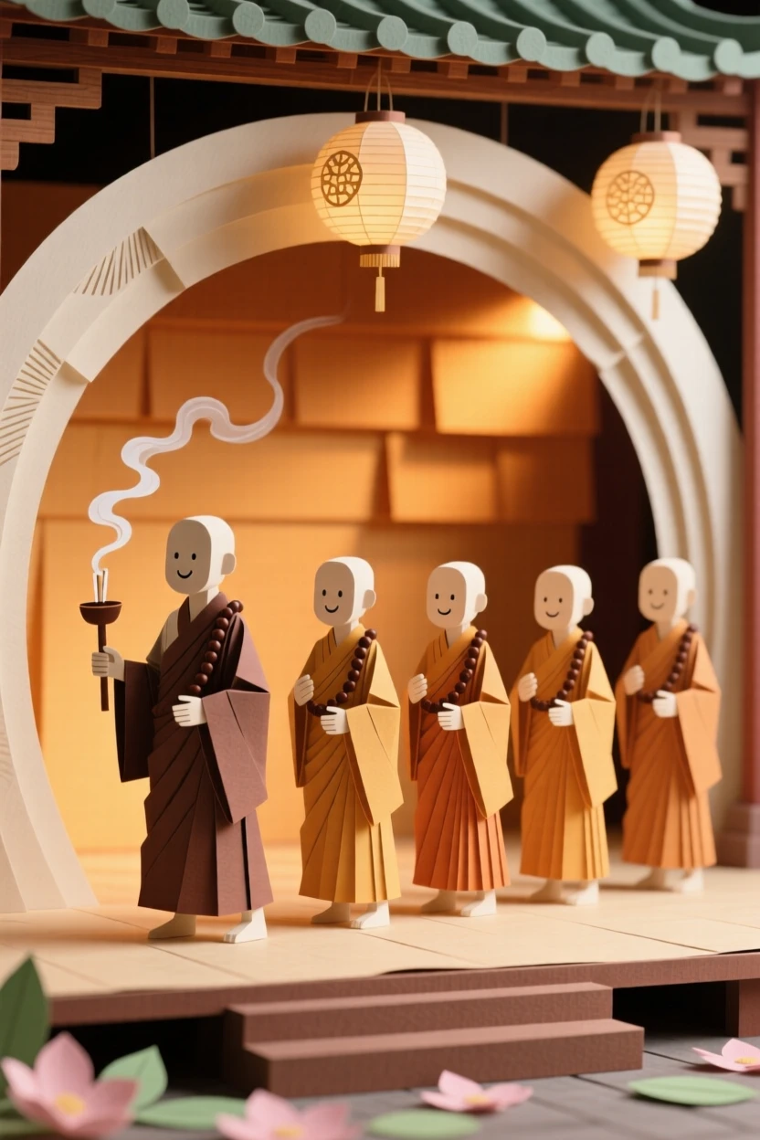 A quiet monk's morning procession performed on a warmly lit stage, with delicate details evident in every gesture, capturing joyful communal celebration.