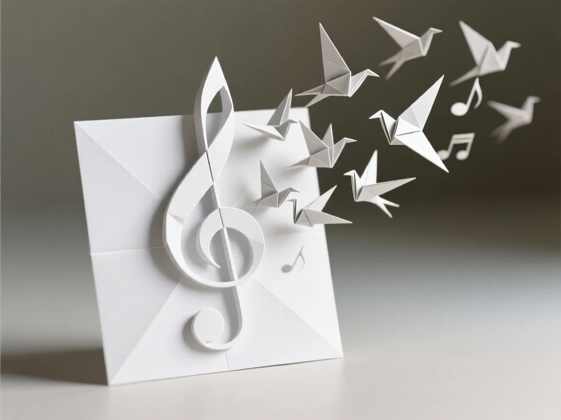 A single musical note floating upward and transforming into a flock of birds.