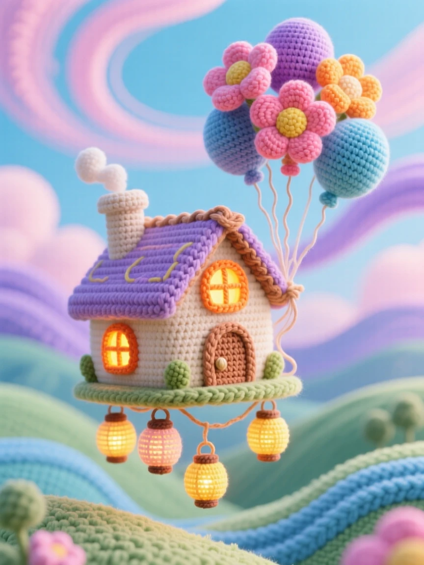 An imaginative scene of a small floating cottage carried by a bundle of balloons shaped like flowers with warm glowing windows, drifting above a quiet valley beneath a swirling pastel sky; a cluster of miniature glowing lanterns nearby, full of quiet delight in an impossible little world.