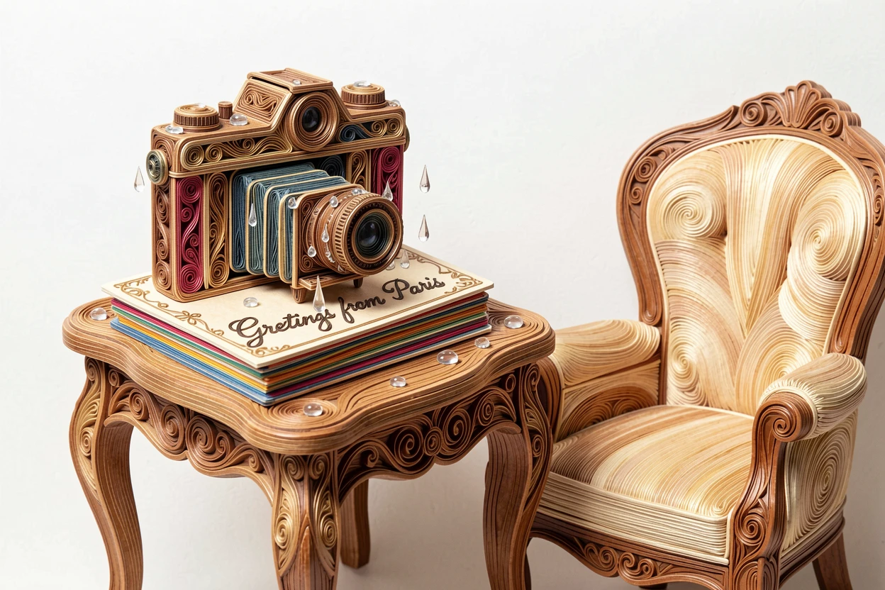 A cozy still life of an antique camera resting on a stack of travel postcards on an antique side table beside a reading chair, with glistening droplets of morning dew, composed with a clean, minimal negative space background.