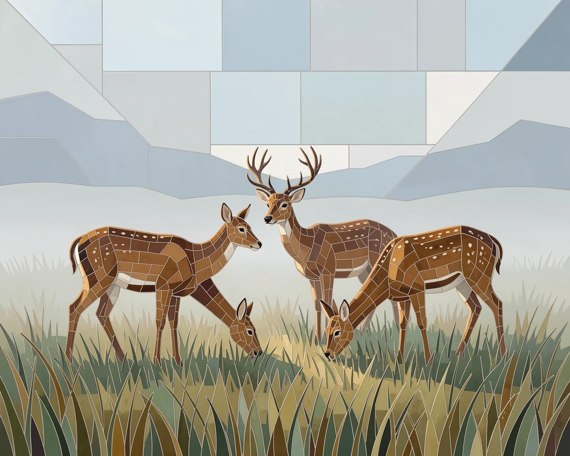 A family of deer grazing in a quiet misty meadow.