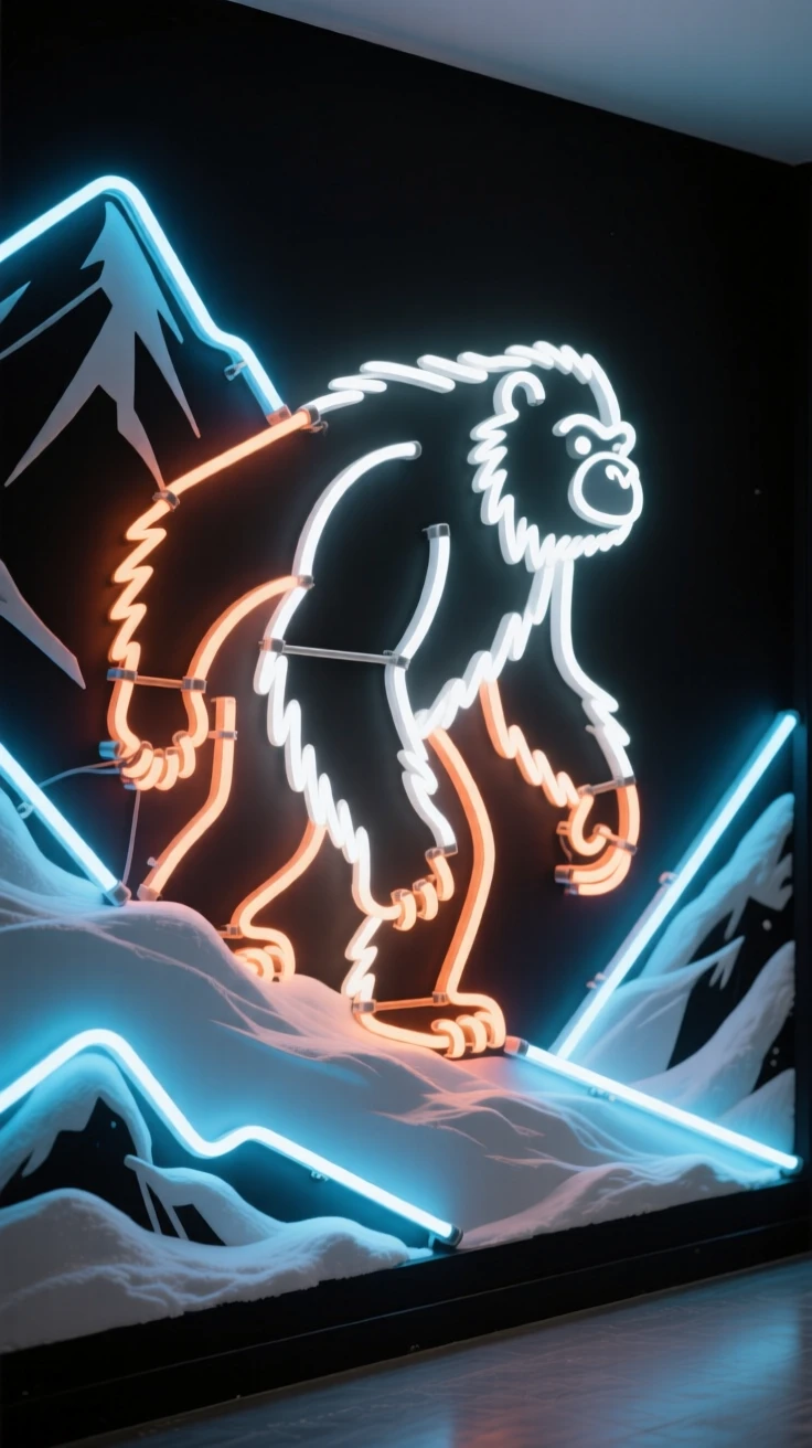 A yeti trudging through a snowy mountain pass.