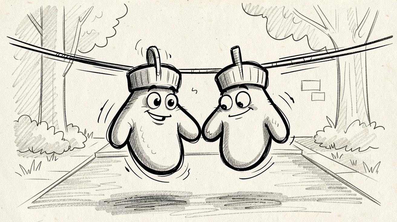 A pair of mittens warming each other on a clothesline at the end of a quiet driveway.
