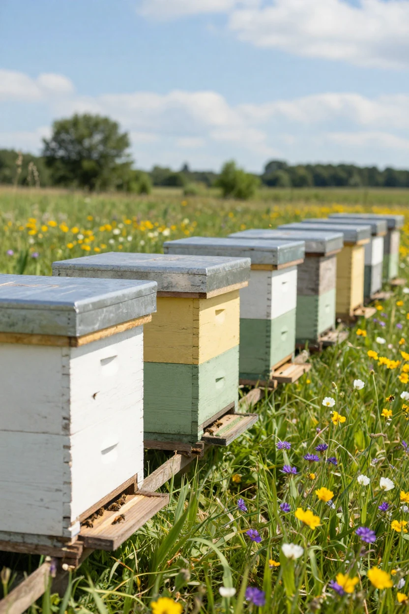 A row of beehives in a sunlit meadow