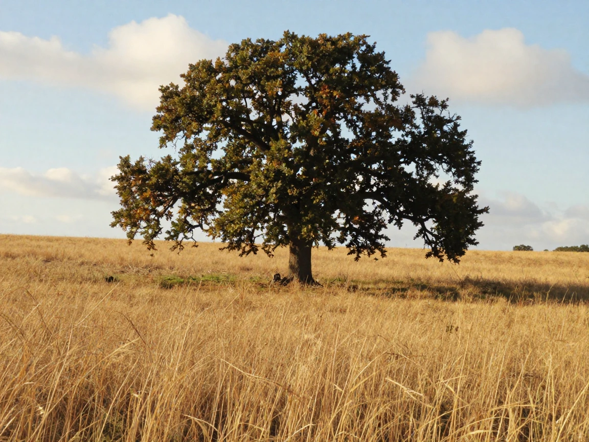 A single old oak tree stands alone in the middle of a golden hay field.