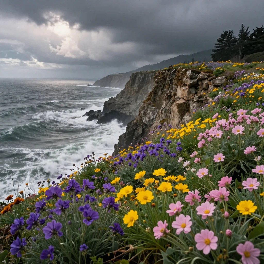 A coastal cliff covered in wildflowers overlooking a stormy grey sea