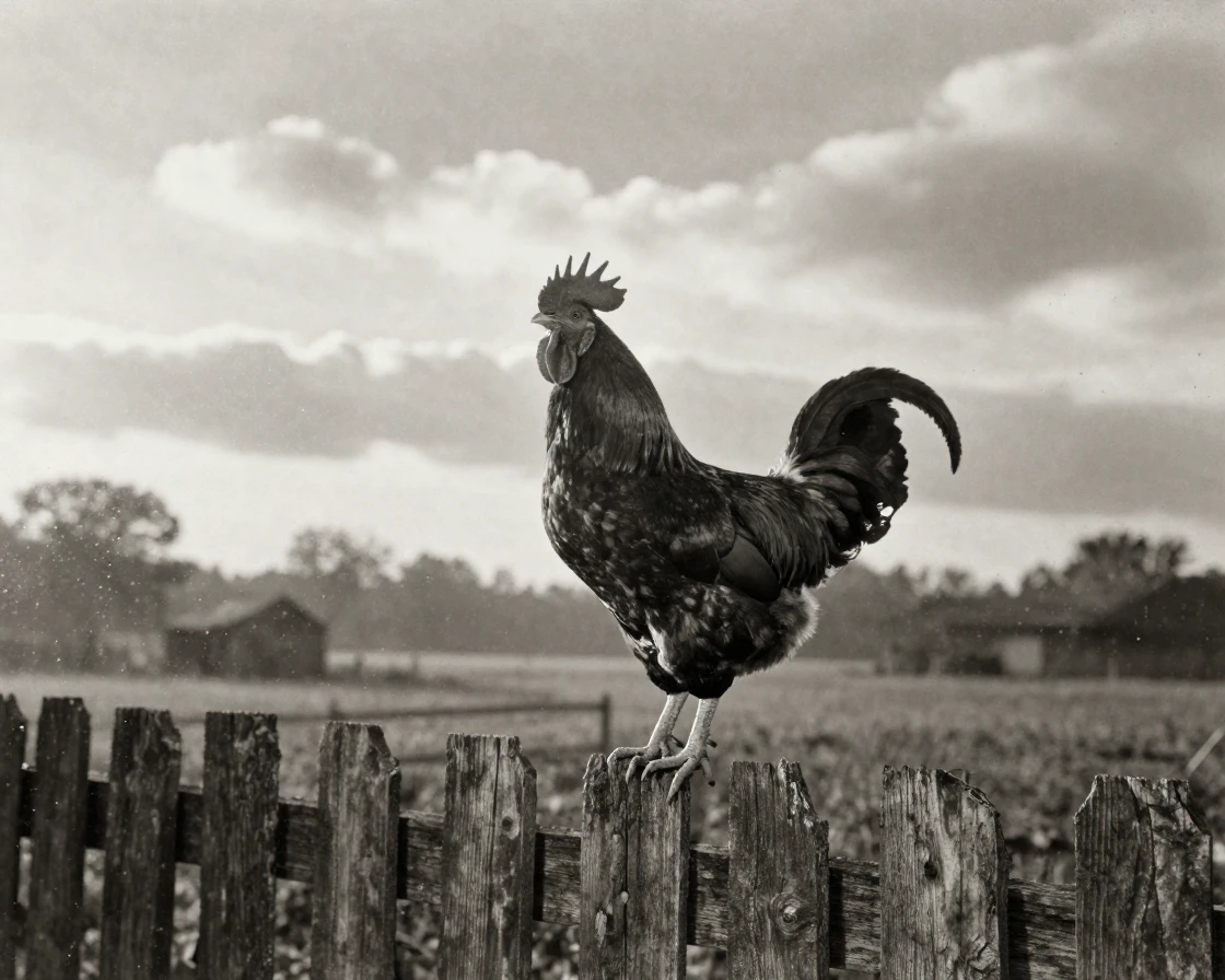 A rooster crowing atop a weathered wooden fence at dawn, under harsh midday sun, under scattered clouds, in the mild days of early autumn, with stark black-and-white contrast softened by a single warm hue, through a rain-streaked window.