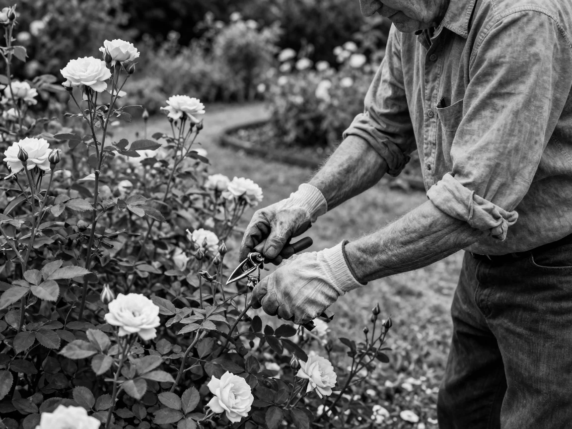An elderly gardener prunes roses with careful hands beside a blooming garden.