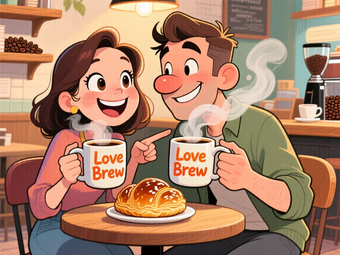 A couple taking a cozy coffee shop photo, matching mugs and a shared pastry.