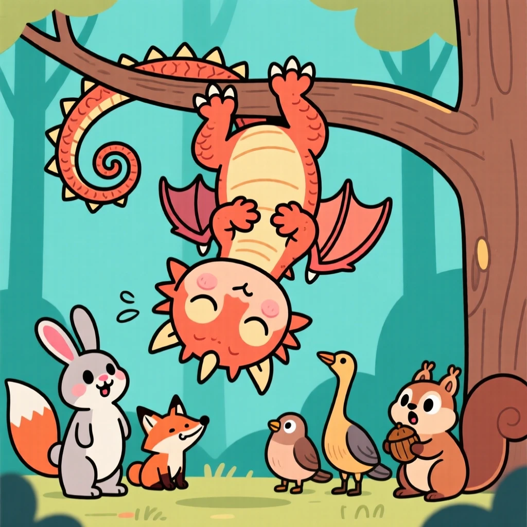 A charming animal moment featuring a fierce baby dragon napping in the most improbable position imaginable, surrounded by curious onlooking animals.