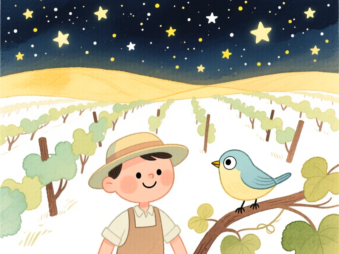 A serene landscape of a rolling vineyard bathed in warm light under a blanket of stars