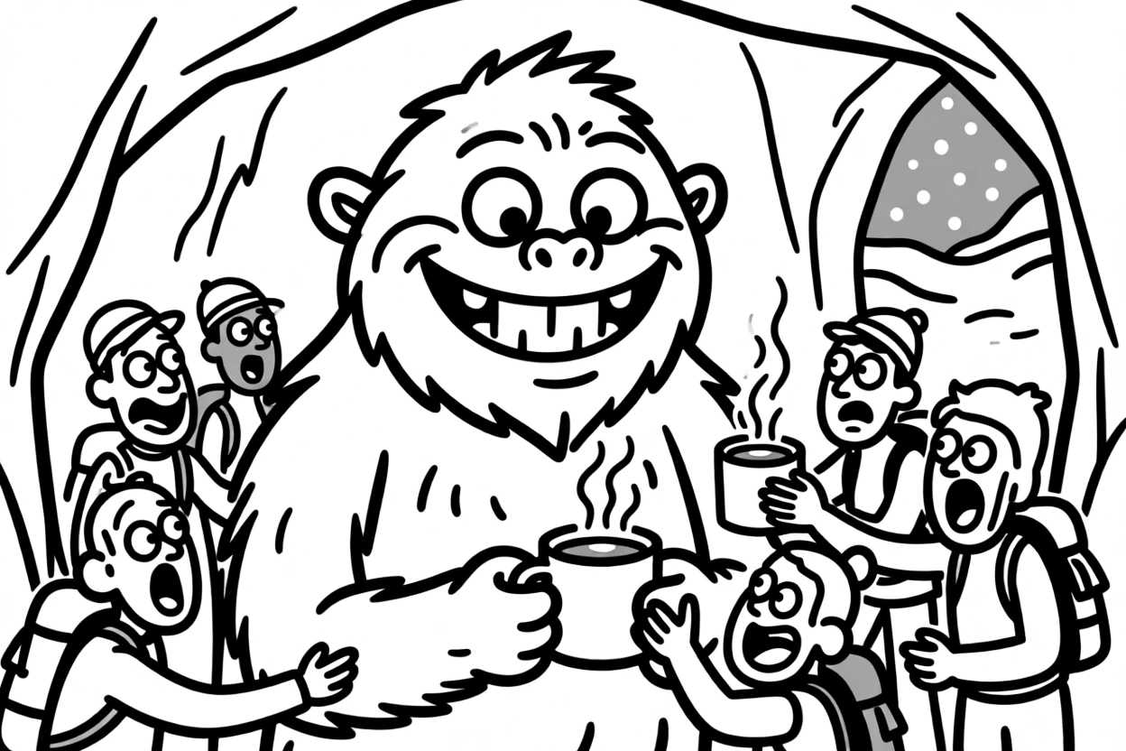 A friendly yeti sharing hot cocoa with lost hikers in a snowy mountain cave.