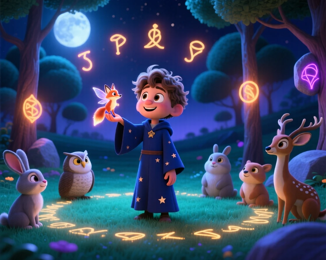 A young wizard stands in a meadow where the grass glows softly at night, whispering to woodland creatures gathered nearby. The mood is enchanting, hopeful, and dreamlike, with glowing runes pulsing gently in the background.