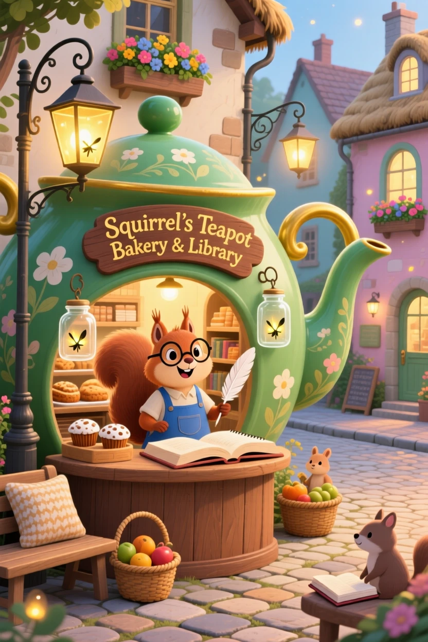 A squirrel librarian delights in running a bakery inside a giant teapot, tucked within a town where the streetlights are fireflies in jars, with everything wrapped in a cozy, storybook charm.