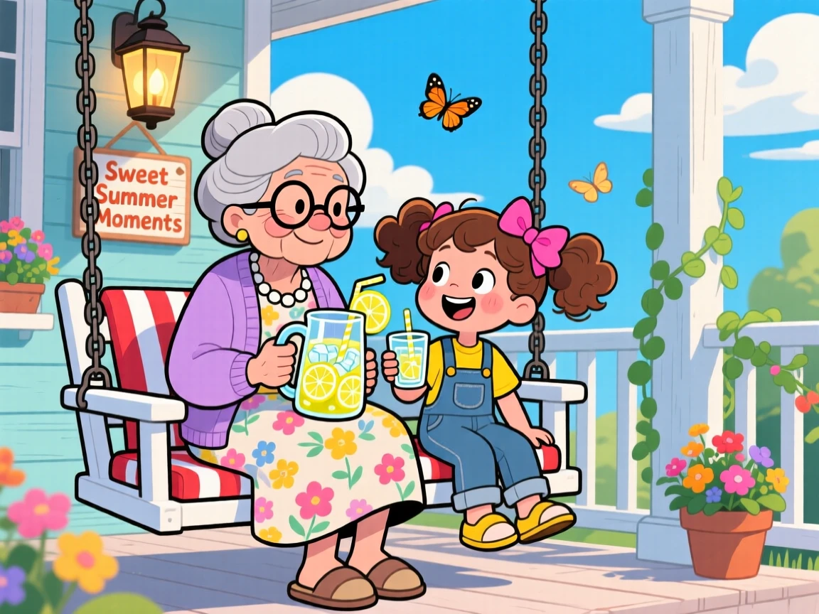 A grandmother and grandchild sharing lemonade on a porch swing.