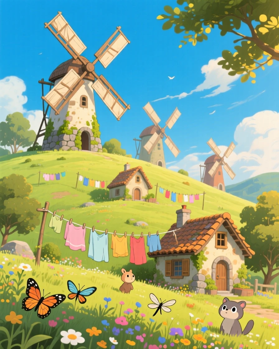 A cluster of windmills turning slowly on a green hill, with laundry lines strung between houses, fluttering in the breeze, under a warm afternoon sun.