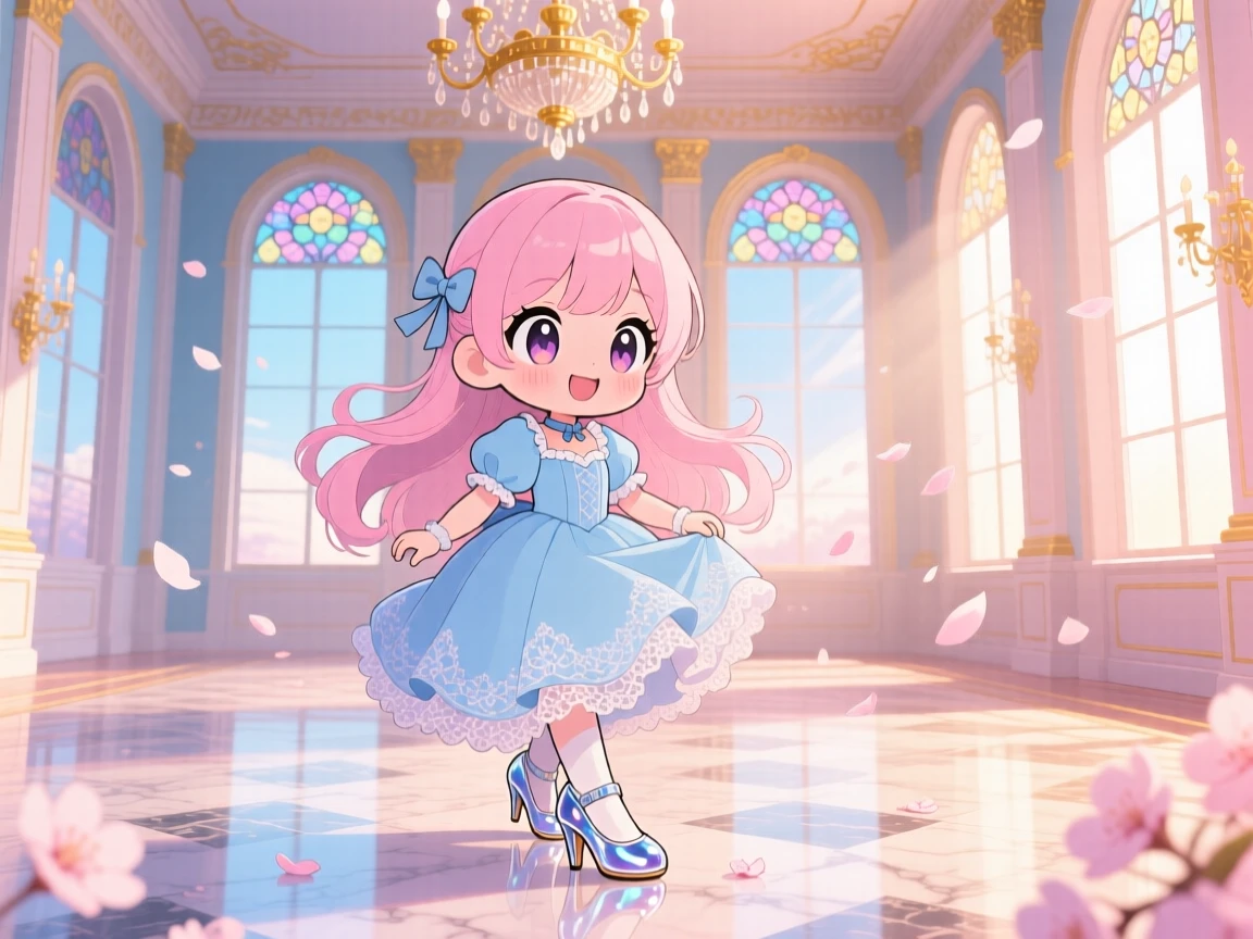 In an elegant storybook ballroom, a young girl is trying on a glass slipper with a hopeful smile as cherry blossom petals drift on the breeze, bathed in soft pastel light of dawn, expression full of triumphant pride. Shot as a symmetrical front-on view.