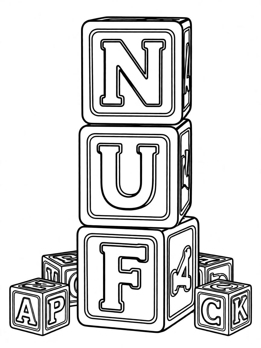 A stack of alphabet blocks spelling out a fun word