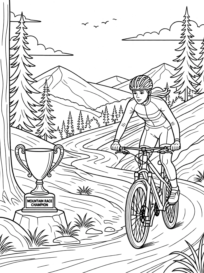 A cyclist racing downhill on a mountain trail, with a trophy gleaming nearby.