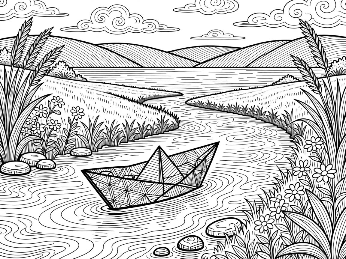 A single paper boat floating on a calm stream toward open water.