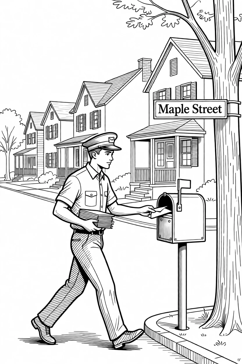 A mail carrier delivering letters along a neighborhood street
