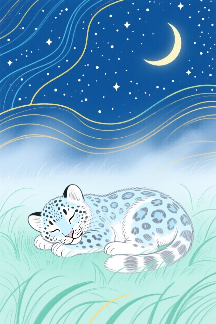 A snow leopard cub napping in a misty morning field under a clear starry sky.