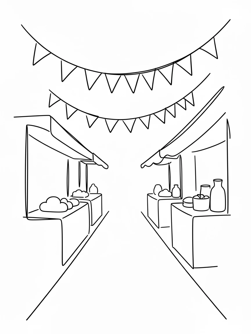 A narrow street market draped with strings of colorful bunting
