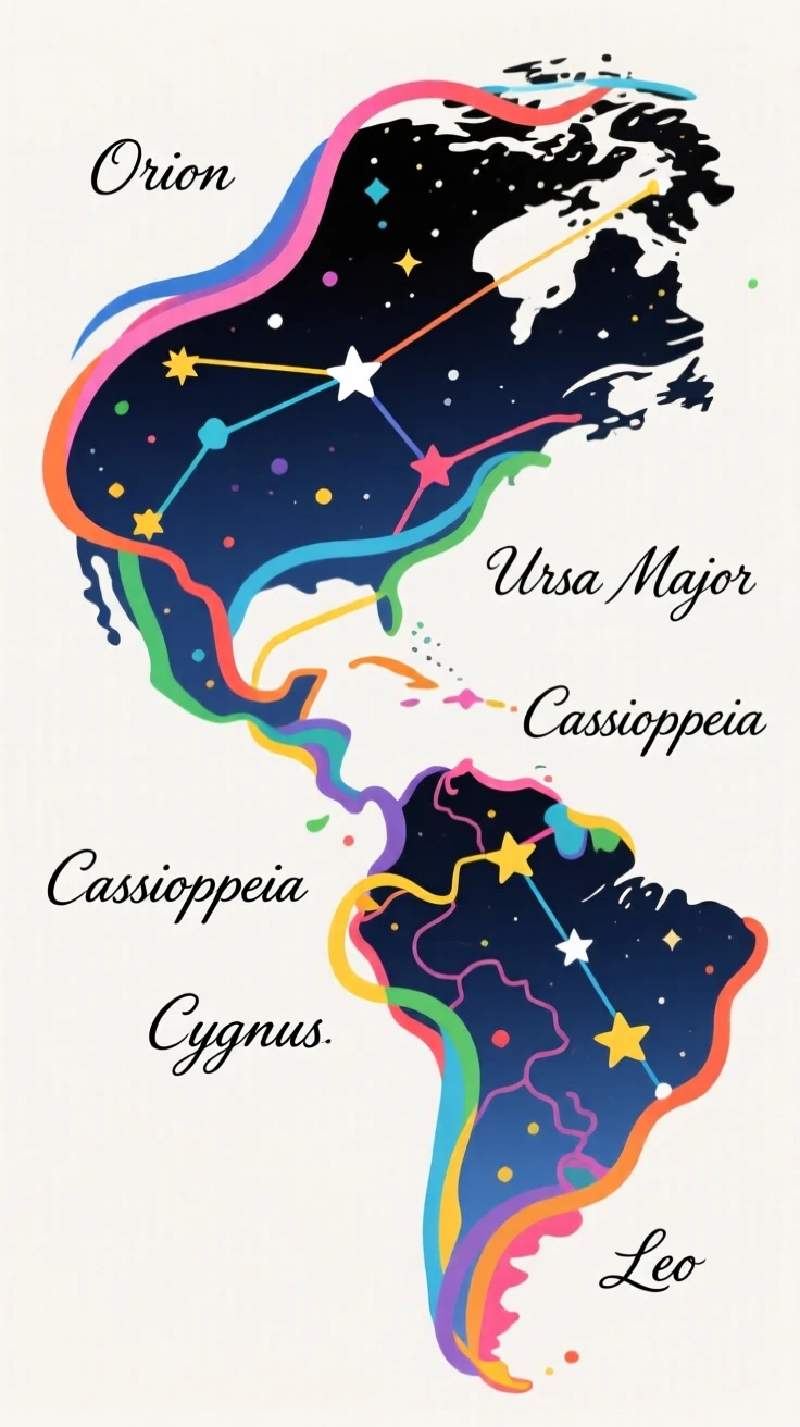 A colorful map of the night sky showing major constellations.