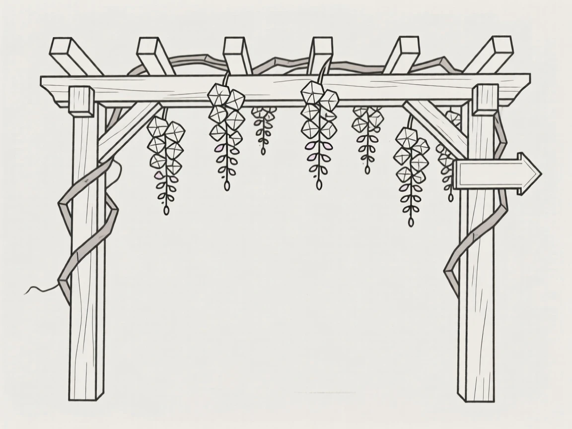 A wisteria vine draping over a wooden arbor