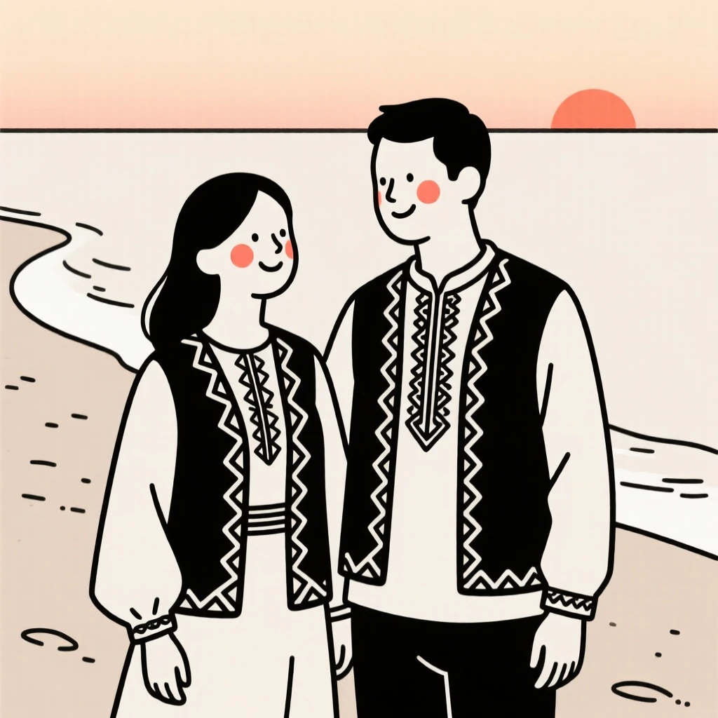 A newly engaged couple wearing a Turkish embroidered vest, on a sandy beach at sunset.