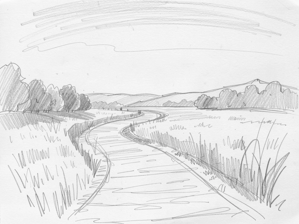 A peaceful moment of a winding path leading toward a distant horizon in complete stillness and silence, evoking deep calm and clarity.