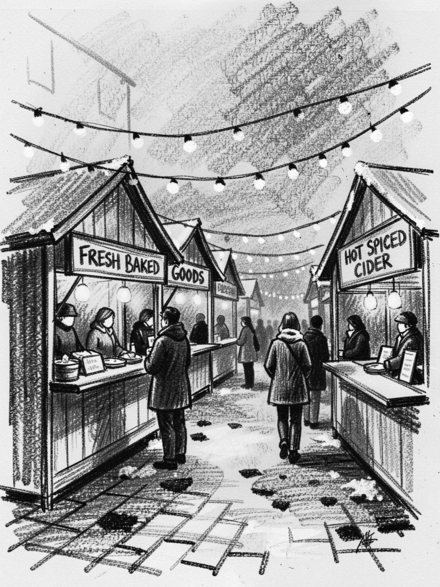 A winter market square filled with twinkling lights and stalls, on a quiet, peaceful afternoon.